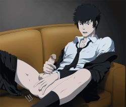 Rule 34 | 1boy, animated, animated gif, black hair, couch, cum, ejaculation, erection, male focus, masturbation, necktie, onoro nyo, orgasm, penis, psycho-pass, sitting, solo