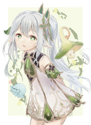 Rule 34 | 1girl, arms behind back, child, commentary request, cross-shaped pupils, detached sleeves, dress, fungi (genshin impact), genshin impact, gradient hair, green eyes, green hair, green sleeves, hair ornament, highres, kazki444, leaf hair ornament, long hair, looking at viewer, multicolored hair, nahida (genshin impact), open mouth, pointy ears, side ponytail, solo, symbol-shaped pupils, white dress, white hair