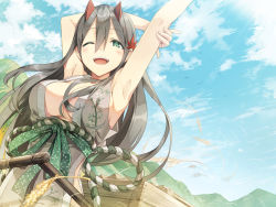 Rule 34 | 1girl, ;d, arm behind head, armpits, arms up, ayakashi kyoushuutan, bare arms, blue sky, blush, breasts, cart, cleavage, cloud, cura, day, floral print, green eyes, grey hair, hair between eyes, hair ornament, highres, hill, horns, large breasts, leaf hair ornament, looking at viewer, monobeno, official art, one eye closed, oni horns, open mouth, outdoors, red horns, sky, sleeveless, smile, solo, teeth, tooko (monobeno), upper teeth only, wind