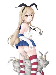 Rule 34 | 10s, 1girl, :o, anchor hair ornament, ass, black panties, blonde hair, blue eyes, blush, breasts, cowboy shot, elbow gloves, from behind, gloves, hair ornament, hairband, highleg, highleg panties, highres, kantai collection, long hair, looking at viewer, mango (mango9826), medium breasts, microskirt, panties, pleated skirt, rensouhou-chan, shimakaze (kancolle), skirt, solo, striped clothes, striped thighhighs, thighhighs, torn clothes, torn panties, transparent background, twisted torso, underwear, white background, white gloves
