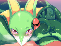Rule 34 | blush, breath, censored, colored skin, creatures (company), erection, furry, game freak, gen 5 pokemon, green skin, interspecies, looking at viewer, nintendo, penis, pokemon, pokemon (creature), pov, red eyes, serperior, shisyonemu, smile, sweat