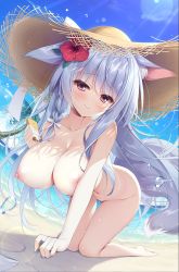 Rule 34 | 1girl, all fours, animal ears, barefoot, beach, bell, bikini, blush, braid, breasts, choker, completely nude, day, flower, grey hair, hair flower, hair ornament, hat, highres, holding, large breasts, long hair, looking at viewer, lotion, neck bell, nipples, nude, original, outdoors, pouring, purple eyes, side braid, sidelocks, smile, solo, straw hat, tail, thighs, unworn bikini, wet, wolf ears, wolf tail, yatanukikey