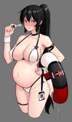 Rule 34 | 1girl, absurdres, arm strap, big belly, bikini, black choker, black hair, blush, breasts, choker, collarbone, covered erect nipples, cropped legs, grey background, hair between eyes, heart, highres, holding, innertube, iris yuma, kourui, large breasts, long hair, looking at viewer, micro bikini, name tag, navel, nose blush, parted lips, ponytail, pregnancy test, pregnant, red eyes, solo, soulworker, stomach, sweatband, swim ring, swimsuit, thigh strap, very long hair, whistle, white bikini