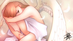 Rule 34 | 1girl, angel, angel wings, aoiyuya, breasts, brown hair, covered mouth, covering face, dress, feathered wings, feathers, green eyes, hair behind ear, hugging own legs, knee up, long hair, looking to the side, original, sideboob, solo, wings