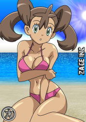 Rule 34 | 1girl, beach, bikini, breasts, brown hair, cleavage, creatures (company), dark-skinned female, dark skin, exhibitionism, game freak, green eyes, kageta, large breasts, looking at viewer, midriff, navel, nintendo, open mouth, outdoors, pokemon, pokemon xy, public indecency, quad tails, shauna (pokemon), solo, swimsuit, text focus, twintails