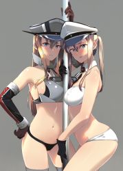 Rule 34 | 10s, 2girls, adapted costume, arched back, arm up, bikini, bismarck (kancolle), black gloves, blue eyes, breasts, brown hair, contrapposto, cowboy shot, detached collar, eight tohyama, elbow gloves, gloves, gluteal fold, graf zeppelin (kancolle), grey background, grey legwear, hair between eyes, hand on own hip, hat, highres, kantai collection, long hair, looking at viewer, medium breasts, multiple girls, navel, necktie, parted lips, peaked cap, pole, sidelocks, simple background, smile, standing, stripper pole, sweatdrop, swimsuit, thighhighs, twintails