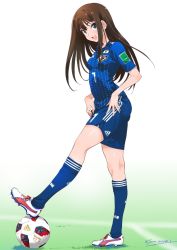 Rule 34 | 1girl, 2018 fifa world cup, adidas, ball, brown hair, cleats, grass, green eyes, highres, idolmaster, idolmaster cinderella girls, idolmaster cinderella girls starlight stage, inoue sora, japanese flag, long hair, looking at viewer, open mouth, shibuya rin, shorts, soccer, soccer ball, soccer uniform, socks, solo, sportswear, twitter username, world cup