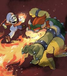 Rule 34 | 2boys, arm up, armlet, blue eyes, bowser, bracelet, breath weapon, breathing fire, brown footwear, brown hair, claws, clenched hand, collar, commentary request, facial hair, fighting, fire, fire mario, gloves, hat, horns, jewelry, long sleeves, looking at another, mario, mario (series), multiple boys, mustache, nintendo, open mouth, outstretched arm, overalls, pants, red background, red eyes, red hair, red shirt, rinabee (rinabele0120), sharp teeth, shirt, shoes, short hair, simple background, spiked armlet, spiked bracelet, spiked collar, spiked shell, spiked tail, spikes, tail, teeth, turtle shell, v-shaped eyebrows, white gloves, white headwear, white overalls, white pants