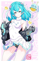 Rule 34 | 1girl, aqua eyes, aqua hair, bare legs, blush, breasts, closed mouth, commentary request, covered navel, cowboy shot, hagoromo lala, hair ornament, hamuhamu, highres, hood, hoodie, looking at viewer, medium breasts, open clothes, open hoodie, panties, pantyshot, pleated skirt, pointy ears, precure, shiny skin, short hair, skin tight, skirt, sleeveless, smile, solo, standing, star-shaped pupils, star (symbol), star twinkle precure, symbol-shaped pupils, underwear