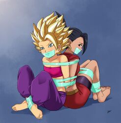 Rule 34 | 2girls, arms behind back, ass, barefoot, bdsm, black eyes, black hair, blonde hair, blue eyes, bondage, bound, bound ankles, bound arms, bound legs, bound together, bound wrists, breasts, caulifla, cleavage, collarbone, dragon ball, dragon ball super, earrings, gag, gagged, improvised gag, jewelry, kale (dragon ball), looking at viewer, lost one zero, multiple girls, sideboob, small breasts, super saiyan, tape, tape bondage, tape gag