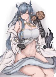 Rule 34 | 1girl, absurdres, arknights, bandaged arm, bandages, blue eyes, blue hair, blush, coat, colored extremities, commentary request, cowboy shot, dragon girl, dragon horns, dragon tail, earrings, gourd, groin, hand up, highres, holding, holding gourd, horns, jewelry, ling (arknights), long hair, long sleeves, looking at viewer, navel, nose blush, nyo (fy 1), off shoulder, one eye closed, parted lips, pointy ears, pouring, pouring onto self, sitting, smile, solo, tail, white background, white coat