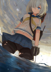 Rule 34 | 10s, 1girl, absurdres, black pantyhose, blue eyes, breasts, buttons, cloud, cloudy sky, commentary request, crying, crying with eyes open, from below, gloves, gun, hair ornament, hair over one eye, hamakaze (kancolle), highres, holding, holding gun, holding weapon, kantai collection, large breasts, looking down, machinery, navel, neckerchief, panties, panties under pantyhose, pantyhose, pleated skirt, rain, school uniform, see-through, serafuku, short hair, short sleeves, silver hair, skirt, sky, slm, solo, tears, torn clothes, torn pantyhose, turret, underwear, water, weapon, wet, wet clothes, white gloves, yellow neckerchief