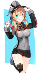 Rule 34 | 10s, 1girl, adjusting clothes, adjusting headwear, anchor symbol, ankle boots, arm up, black skirt, black thighhighs, blonde hair, blue eyes, blush, boots, breasts, closed mouth, collar, covered navel, cross, gloves, grey footwear, grey hat, hair between eyes, hat, highres, iron cross, kantai collection, leg up, long sleeves, looking at viewer, low twintails, medium breasts, meth (emethmeth), military, military uniform, miniskirt, over-kneehighs, peaked cap, pleated skirt, prinz eugen (kancolle), shiny skin, short hair, skirt, smile, solo, standing, standing on one leg, thighhighs, twintails, two-tone background, uniform, white gloves