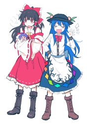 Rule 34 | 3girls, alternate eye color, ascot, back bow, bare shoulders, belt, black bow, black headwear, blue belt, blue bow, blue hair, blue sky, blush, boots, bow, bowtie, brown footwear, buttons, closed eyes, collarbone, collared dress, collared shirt, crossed arms, detached sleeves, dress, dress shirt, food, footwear bow, fruit, full body, grey footwear, grey hair, hair between eyes, hakurei reimu, hand on own hip, hand up, hat, hat ornament, hinanawi tenshi, japanese clothes, kimono, leaf, leaf hat ornament, long hair, long sleeves, looking to the side, multiple girls, open mouth, peach, pink bow, pink bowtie, pink dress, pink eyes, ponytail, puffy long sleeves, puffy sleeves, purple bow, purple dress, purple hair, purple kimono, rainbow, re ghotion, shirt, simple background, sky, smile, standing, steam, sukuna shinmyoumaru, touhou, v-shaped eyebrows, white background, white shirt, wide sleeves, yellow ascot