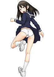 Rule 34 | 1girl, ass, black eyes, black hair, blouse, blue sailor collar, blue shirt, blue skirt, blush, clothes lift, commentary request, crotch seam, from behind, full body, kneepits, leg up, long hair, long sleeves, looking at viewer, looking back, maburu (lojyq1eur3e8bit), miniskirt, neckerchief, open mouth, original, panties, pleated skirt, sailor collar, shirt, shoes, simple background, skirt, skirt lift, sneakers, socks, solo, standing, standing on one leg, underwear, white background, white footwear, white neckerchief, white panties, white socks, wind, wind lift