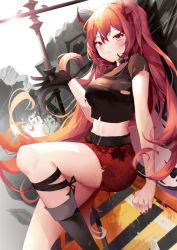 Rule 34 | 1girl, arknights, bare arms, black choker, black footwear, black shirt, boots, breasts, chinese commentary, choker, commentary request, crop top, hair between eyes, horns, leg strap, long hair, looking at viewer, medium breasts, midriff, miniskirt, nail polish, navel, official alternate costume, pencil skirt, purple eyes, red hair, red nails, red skirt, shirt, short sleeves, sitting, skirt, solo, stomach, surtr (arknights), surtr (liberte echec) (arknights), thighs, very long hair, xiongshouji