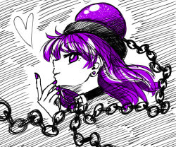 Rule 34 | 1girl, alternate eye color, alternate hair color, black choker, chain, choker, commentary request, earrings, from side, hand up, heart, hecatia lapislazuli, highres, jewelry, long hair, looking at viewer, nail polish, nokisakifuurin, profile, purple eyes, purple hair, purple nails, smile, solo, stud earrings, touhou, white background