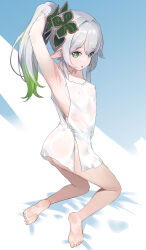 Rule 34 | 1girl, absurdres, armpits, arms behind head, arms up, ass, bare arms, bare legs, bare shoulders, barefoot, bed sheet, breasts, covered erect nipples, dress, from behind, full body, genshin impact, gradient hair, green eyes, green hair, grey hair, hair intakes, hair ornament, hands in hair, highres, kneeling, long hair, multicolored hair, nahida (genshin impact), ponytail, ryeon (bluetom1), see-through, sleeveless, sleeveless dress, small breasts, soles, solo, twisted torso, very long hair, white dress