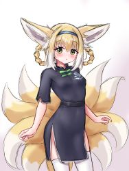Rule 34 | 1girl, :o, absurdres, animal ear fluff, animal ears, arknights, black dress, blonde hair, blue archive, blue hairband, blush, bow, braid, braided hair rings, breasts, cosplay, dress, fox ears, fox girl, fox tail, gradient background, green bow, green eyes, hair between eyes, hair rings, hairband, highres, kitsune, kyuubi, looking at viewer, multicolored hair, multiple tails, parted lips, pink background, rylaera, short sleeves, shun (blue archive), shun (blue archive) (cosplay), small breasts, solo, standing, suzuran (arknights), tail, thighhighs, twin braids, two-tone hair, white background, white hair, white thighhighs