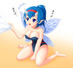 Rule 34 | bare legs, blue eyes, blue hair, blush, breasts, cleavage, fairy, horn, mamono girl lover, mini person, minigirl, monster girl, monster girl encyclopedia, nawiria, nawiria vire, pixie (mamono girl lover), pointy ears, ponytail, wings