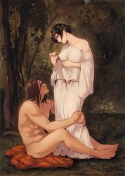 Rule 34 | 1boy, 1girl, barefoot, black hair, breasts, brown hair, clothed female nude male, collarbone, couple, derivative work, dress, eren yeager, facial mark, flower, full body, hair between eyes, hair ornament, hanpetos, head wreath, hetero, holding, holding flower, hug, leaf hair ornament, long dress, long sleeves, looking at another, looking down, medium breasts, medium hair, mikasa ackerman, nude, off-shoulder dress, off shoulder, outdoors, parted bangs, shingeki no kyojin, short hair, single bare shoulder, sitting, smile, standing, toned, toned male, white dress, wide sleeves