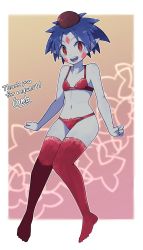Rule 34 | 1girl, :d, artist name, bishoujo senshi sailor moon, bishoujo senshi sailor moon sailor stars, blue hair, blush, border, bra, breasts, colored skin, commission, demon girl, facial mark, full body, grey skin, hat, highres, lamb-oic029, lemures (sailor moon), looking at viewer, monster girl, navel, open mouth, panties, pointy ears, ponko (sailor moon), red bra, red eyes, red panties, red thighhighs, round teeth, short hair, skeb commission, small breasts, smile, solo, spiked hair, teeth, thank you, thighhighs, underwear, underwear only, upper teeth only, white border