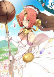 Rule 34 | 1girl, blue eyes, blush, cleavage, closed mouth, day, dress, fate/apocrypha, fate (series), frankenstein&#039;s monster (fate), heterochromia, horns, kouzuki tsubasa (musou kaidou), looking at viewer, mace, outdoors, petals, pink hair, see-through, see-through cleavage, short hair, single horn, smile, solo, veil, weapon, white dress, yellow eyes