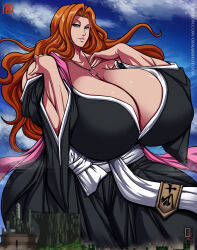 Rule 34 | 1girl, absurdres, black kimono, bleach, blue eyes, breasts, chain necklace, cleavage, female focus, giant, giantess, gigantic breasts, highres, japanese clothes, jewelry, kimono, long hair, looking at viewer, matsumoto rangiku, mole, mole under mouth, necklace, orange hair, osmar-shotgun, pink scarf, scarf, solo