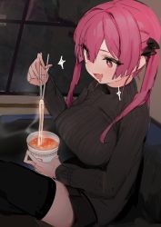 Rule 34 | + +, 1girl, absurdres, black ribbon, black sweater, black thighhighs, blush, breasts, chopsticks, drooling, fang, food, hair between eyes, hair ribbon, highres, holding, holding chopsticks, hololive, houshou marine, large breasts, long hair, mouth drool, nissin cup noodle, noodles, open mouth, pink hair, pomesaurus, ramen, red eyes, ribbed sweater, ribbon, sketch, skin fang, solo, sparkle, sweater, thighhighs, twintails, virtual youtuber