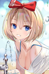 Rule 34 | 1girl, :d, bare shoulders, blue eyes, bow, bra strap, breasts, brown hair, cleavage, collarbone, downblouse, drinking fountain, from side, grin, hair between eyes, hair bow, hanging breasts, highres, looking at viewer, looking to the side, medium breasts, muka tsuku, off-shoulder shirt, off shoulder, open mouth, original, red bow, resolution mismatch, revision, shirt, short hair, short sleeves, smile, solo, source smaller, teeth, water, water drop, white shirt