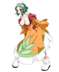 Rule 34 | 00s, 1girl, ahoge, blush, boots, breasts, choker, cleavage, covered erect nipples, dress, farah oersted, full body, green hair, hand on own hip, hip focus, houri shinji, large breasts, leaning forward, namco, naughty face, orange dress, pantyhose, short hair, simple background, smile, solo, tales of (series), tales of eternia, white background, yellow eyes