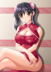 Rule 34 | bare shoulders, blush, breasts, bun cover, china dress, chinese clothes, cleavage, cleavage cutout, clothing cutout, crossed arms, crossed legs, double bun, dress, hair bun, highres, huge breasts, kafu (logaemon), large breasts, sitting, smile, solo