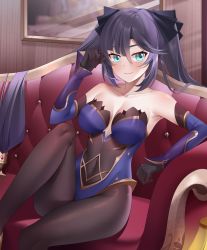Rule 34 | 1girl, absurdres, bare shoulders, black gloves, black hair, black pantyhose, blue leotard, blush, breasts, closed mouth, collarbone, couch, covered navel, detached sleeves, feet out of frame, genshin impact, gloves, gold trim, green eyes, hair between eyes, hair ornament, hand up, highres, kemile, knee up, leotard, long hair, medium breasts, mona (genshin impact), no headwear, pantyhose, picture frame, sitting, solo, star (symbol), star hair ornament, twintails, very long hair