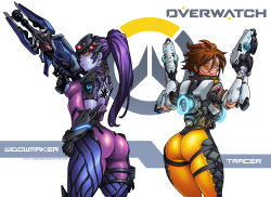 Rule 34 | 2girls, ass, blue skin, brown hair, colored skin, goggles, green eyes, gun, highres, looking at viewer, looking back, multiple girls, overwatch, overwatch 1, ponytail, purple hair, short hair, thick thighs, thighs, tracer (overwatch), weapon, widowmaker (overwatch), yellow eyes