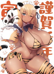 Rule 34 | 1girl, animal hands, animal print, bikini, blonde hair, blush, bow, bowtie, breasts, chinese zodiac, curvy, detached collar, fang, fang out, gloves, green eyes, highres, huge breasts, kuronyan, long hair, maid headdress, micro bikini, one eye closed, original, paw gloves, side-tie bikini bottom, sitting, solo, swimsuit, tail, tan, thick thighs, thighhighs, thighs, tiger girl, tiger print, tiger tail, very long hair, year of the tiger