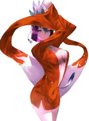 Rule 34 | arms up, breasts, center opening, cleavage, collarbone, covered navel, crossed arms, dress, expressionless, flower, hair flower, hair ornament, highres, kuzuryuu amane, leaning forward, looking at viewer, medium breasts, devil survivor, orange dress, purple eyes, purple hair, sinkoart, sleeves past wrists, symbol-only commentary, white background