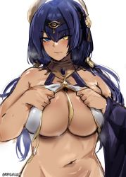 Rule 34 | 1girl, absurdres, arabian clothes, blue eyes, blue hair, blush, breasts, candace (genshin impact), cleavage, closed mouth, collarbone, commentary, dark-skinned female, dark skin, forehead jewel, genshin impact, heterochromia, highres, jewelry, kurenaiz (kuayrenaiz), large breasts, looking at viewer, navel, necklace, short hair, simple background, solo, steaming body, stomach, sweatdrop, symbol-only commentary, twitter username, white background, yellow eyes