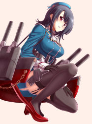 Rule 34 | 10s, 1girl, bad id, bad pixiv id, beret, black gloves, black hair, black thighhighs, breasts, cannon, from below, garter straps, gloves, hat, high heels, kantai collection, kneeling, large breasts, looking at viewer, mecha musume, military, military uniform, red eyes, short hair, solo, takao (kancolle), tatsumi and genichi, tatsumiya motokazu, thighhighs, uniform