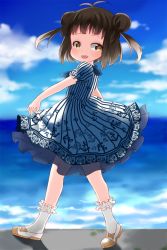 Rule 34 | 10s, 1girl, :d, aged down, alternate costume, anchor symbol, antenna hair, brown eyes, brown hair, casual, clothes lift, double bun, dress, dress lift, hair bun, highres, kantai collection, kobone, looking at viewer, naka (kancolle), open mouth, ribbed dress, smile, solo, walking