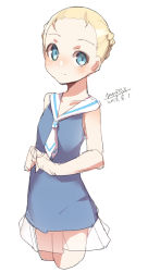Rule 34 | 1girl, bare arms, bare shoulders, blonde hair, blue dress, blue eyes, blush, braid, closed eyes, cropped legs, dated, dress, forehead, looking at viewer, maze (gochama ze gohan), neckerchief, no bangs, original, sailor collar, sailor dress, see-through, short hair, signature, simple background, sketch, sleeveless, sleeveless dress, smile, solo, white background, white neckerchief, white sailor collar