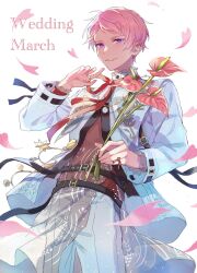 Rule 34 | 1boy, belt, black belt, bow, bowtie, commentary request, cowboy shot, english text, ensemble stars!, falling petals, floating clothes, flower, flower request, formal, heart-shaped petals, highres, holding, holding flower, itsuki shu, long sleeves, looking at viewer, male focus, pants, petals, pink hair, pink theme, purple eyes, red bow, red bowtie, solo, teeth, wednesday 108, white background, white pants, wind