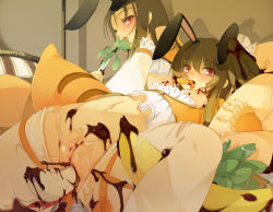 Rule 34 | 2girls, animal ears, apple, banana, blush, breasts, brown hair, rabbit ears, chocolate, detached sleeves, food, fruit, incest, maruku, multiple girls, nipples, object insertion, open mouth, original, pussy, red eyes, siblings, sisters, thighhighs, twincest, twins, uncensored