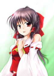 Rule 34 | 1girl, :d, bad id, bad pixiv id, bare shoulders, blush, bow, brown hair, ascot, detached sleeves, female focus, flying sweatdrops, hair bow, hair tubes, hakurei reimu, hand on own chest, japanese clothes, looking at viewer, miko, nanaume (shichimi tougarashi), open mouth, red bow, red eyes, ribbon-trimmed sleeves, ribbon trim, sidelocks, smile, solo, touhou, upper body