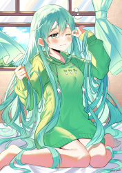 Rule 34 | 1girl, akane yuki (yukito0306), alternate costume, aqua eyes, aqua hair, bare legs, barefoot, bed, bedroom, blush, closed mouth, commission, diffraction spikes, green hoodie, hair between eyes, hair down, hatsune miku, highres, hood, hoodie, indoors, long hair, long sleeves, looking ahead, messy hair, morning, naked hoodie, one eye closed, open window, oversized clothes, pixiv commission, sitting, sky, sleeves past wrists, solo, sparkle, spring onion print, tearing up, very long hair, vocaloid, waking up, wariza, wavy mouth, window