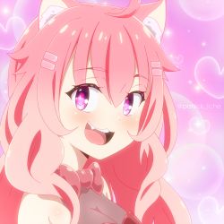 Rule 34 | 1girl, :3, :d, absurdres, ahoge, animal ear fluff, animal ears, artist name, blush, bow, bowtie, breasts, cat ears, cleavage, fang, hair between eyes, hair flaps, hair ornament, hairclip, heart, highres, indie virtual youtuber, long hair, looking at viewer, open mouth, patrick fche, pink bow, pink eyes, pink hair, pink theme, sideways glance, sideways mouth, small breasts, smile, solo, sparkle, suwie (vtuber), suwie (vtuber) (old), teeth, twitter username, upper teeth only, virtual youtuber
