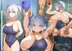 Rule 34 | 1girl, 3boys, after fellatio, against wall, arm behind back, arm grab, arms behind head, arms up, blue eyes, blush, breasts, breasts apart, breasts out, brown shirt, cellphone, censored, cleavage, competition school swimsuit, covered navel, cum, cum in mouth, cum in pussy, cum on body, cum on breasts, cum on clothes, cum on hair, cum on tongue, cum on upper body, dark, dark-skinned male, dark skin, doggystyle, ejaculation, facial, fence, fingering, glowing, group sex, hand on another&#039;s back, hand on another&#039;s thigh, handjob, hanging breasts, hetero, highres, holding another&#039;s arm, huge breasts, inverted nipples, lactation, looking at another, looking at viewer, looking up, mind control, multiple boys, multiple penises, navel, nipple slip, nipples, nude, one-piece swimsuit, original, outdoors, penis, phone, pussy, pussy juice, pussy juice trail, rape, school swimsuit, sex, sex from behind, shingo., shirt, short hair, sideboob, sitting, skin tight, skindentation, smartphone, spread legs, standing, sweat, sweatdrop, swimsuit, tongue, tongue out, torn clothes, two side up, undressing another, white hair