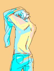 Rule 34 | 1boy, arms up, cowboy shot, denim, from behind, ginko, jeans, lowres, male focus, mushishi, pants, silver hair, simple background, solo, topless male, undressing, yellow background