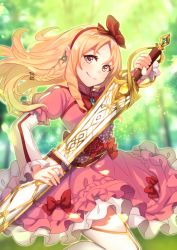 Rule 34 | 1girl, bad id, bad pixiv id, blonde hair, bow, brown eyes, day, dress, earrings, eromanga sensei, floating hair, forest, hair bow, hairband, head tilt, highres, holding, holding sword, holding weapon, jewelry, kurono kito, layered dress, layered sleeves, long hair, looking at viewer, nature, outdoors, pink dress, pointy ears, red bow, red hairband, sheath, short sleeves, smile, solo, standing, sword, thighhighs, unsheathing, weapon, white thighhighs, yamada elf