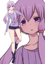 Rule 34 | 1girl, ahoge, as (27273212), blush, boots, close-up, full body, hair ornament, hand on own hip, kakan (amka), leg lift, long hair, long sleeves, looking at viewer, low twintails, open mouth, purple eyes, purple hair, ribbed shirt, scrunchie, shirt, short hair with long locks, short shorts, shorts, sketch, solo, standing, standing on one leg, transparent background, twintails, vocaloid, voiceroid, yuzuki yukari