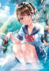Rule 34 | 1girl, blue legwear, blue sailor collar, blue skirt, blue sky, bow, brown eyes, brown hair, cloud, cloudy sky, collarbone, commentary request, day, green footwear, grin, head tilt, highres, holding, holding shoes, unworn legwear, loafers, looking at viewer, matsuzaki miyuki, original, outdoors, plaid, plaid skirt, pleated skirt, red bow, reflection, sailor collar, school uniform, serafuku, shirt, shoes, unworn shoes, short sleeves, side ponytail, skirt, sky, smile, solo, squatting, tree, wading, water, white shirt